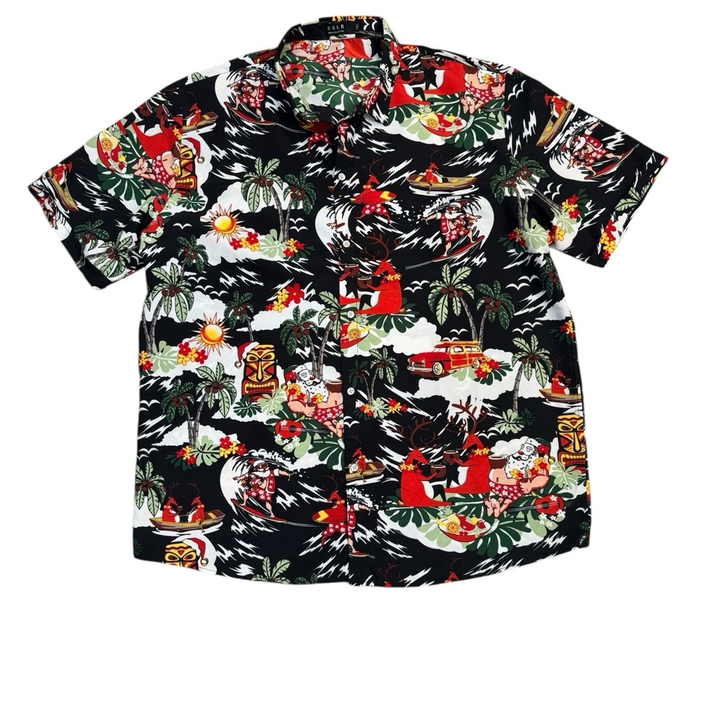 SSLR Christmas Santa Short Sleeve Hawaiian Button Down / Black / Surfing  / 2XL